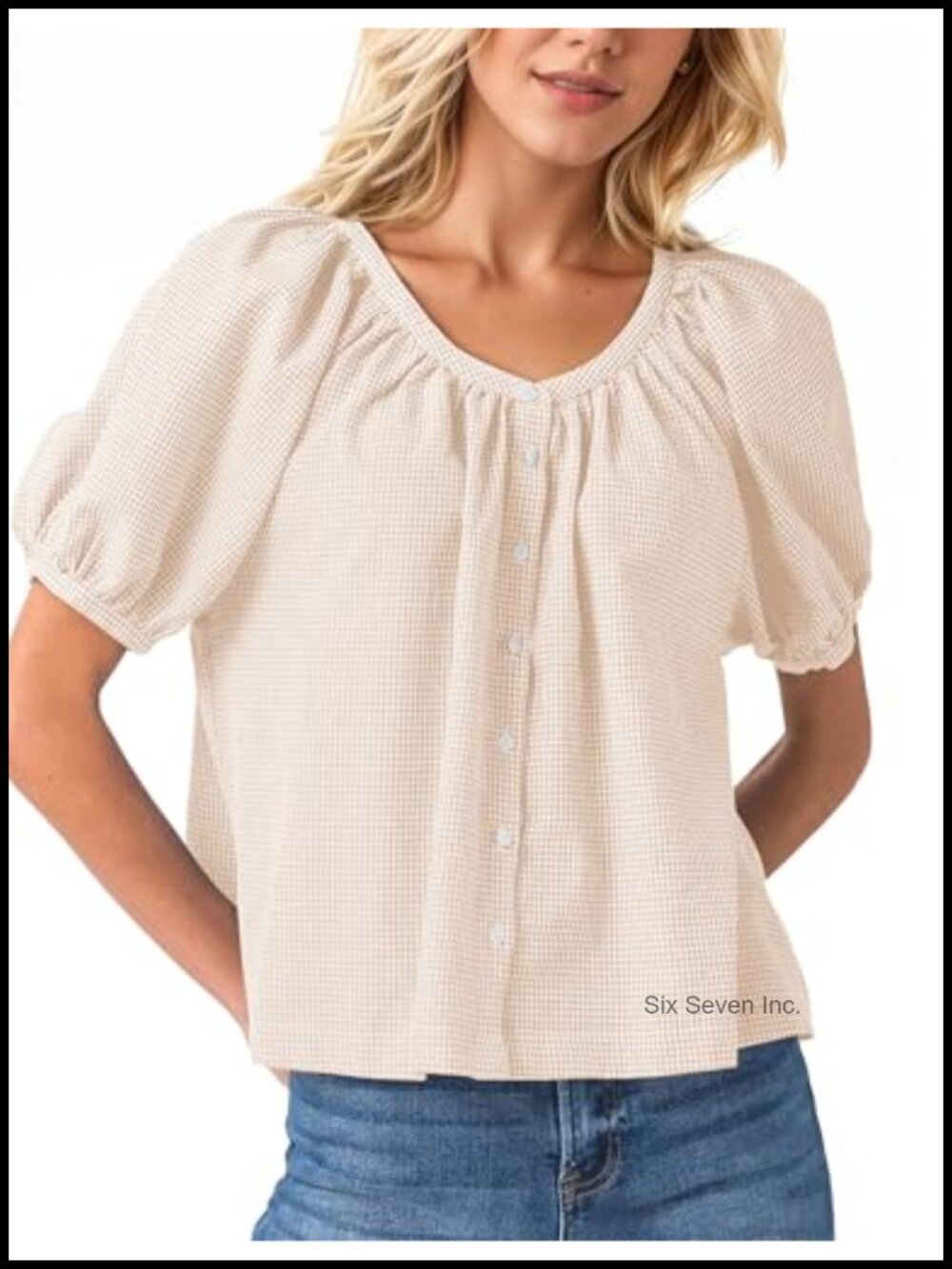 Plaid Puff Short Sleeve Button Down Babydoll Peplum Blouse Cotton Blend
